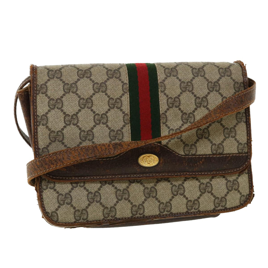 GUCCI Web Sherry Line GG Canvas Shoulder Bag PVC Leather Beige Green rd3964