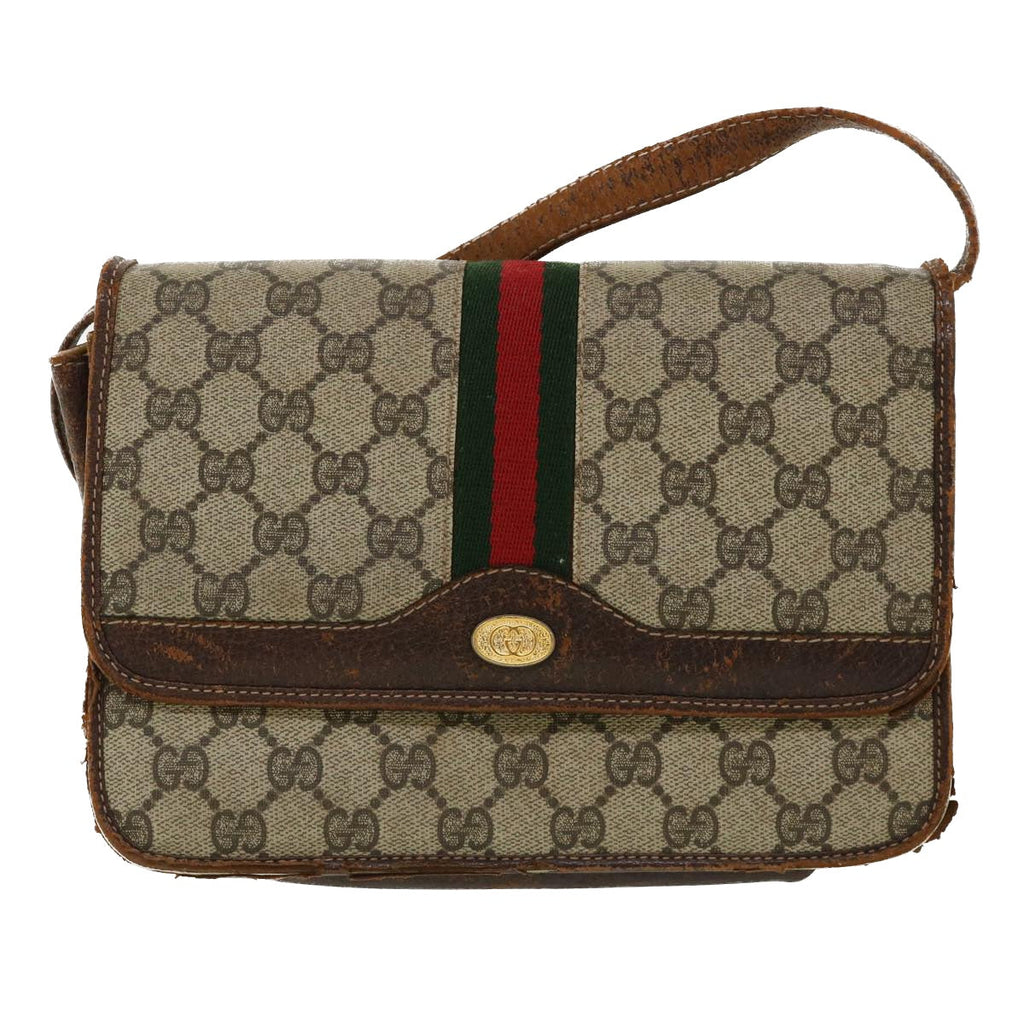GUCCI Web Sherry Line GG Canvas Shoulder Bag PVC Leather Beige Green rd3964