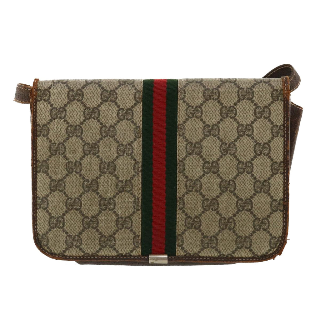 GUCCI Web Sherry Line GG Canvas Shoulder Bag PVC Leather Beige Green rd3964