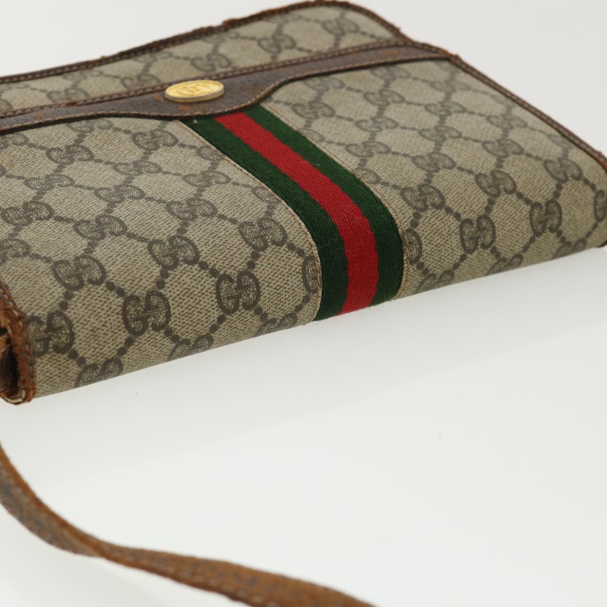 GUCCI Web Sherry Line GG Canvas Shoulder Bag PVC Leather Beige Green rd3964