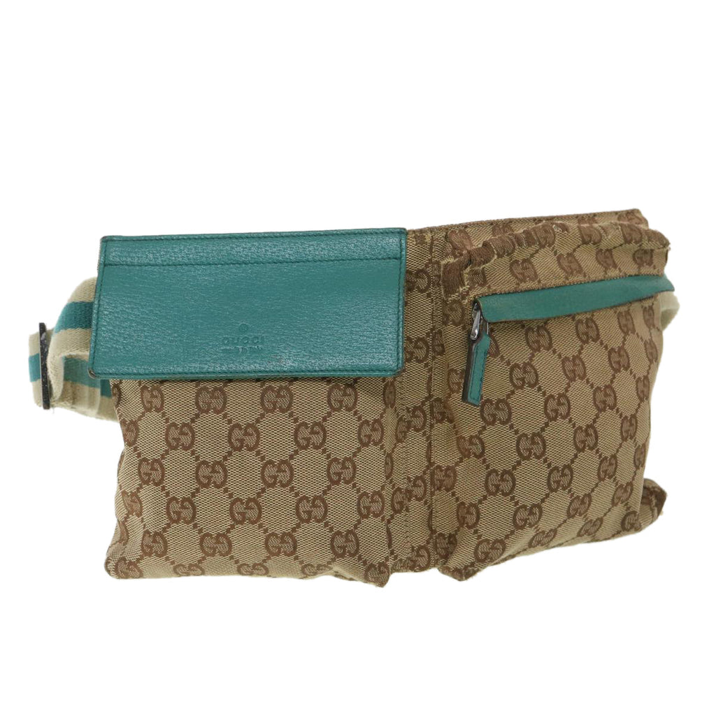 GUCCI Sherry Line GG Canvas Waist Bag Beige Turquoise Blue 28566 rd4355
