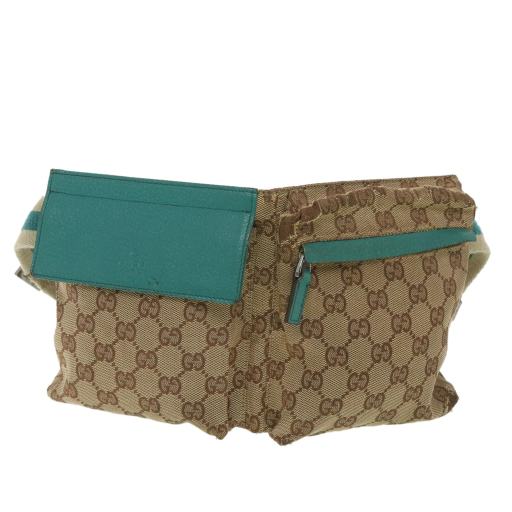 GUCCI Sherry Line GG Canvas Waist Bag Beige Turquoise Blue 28566 rd4355