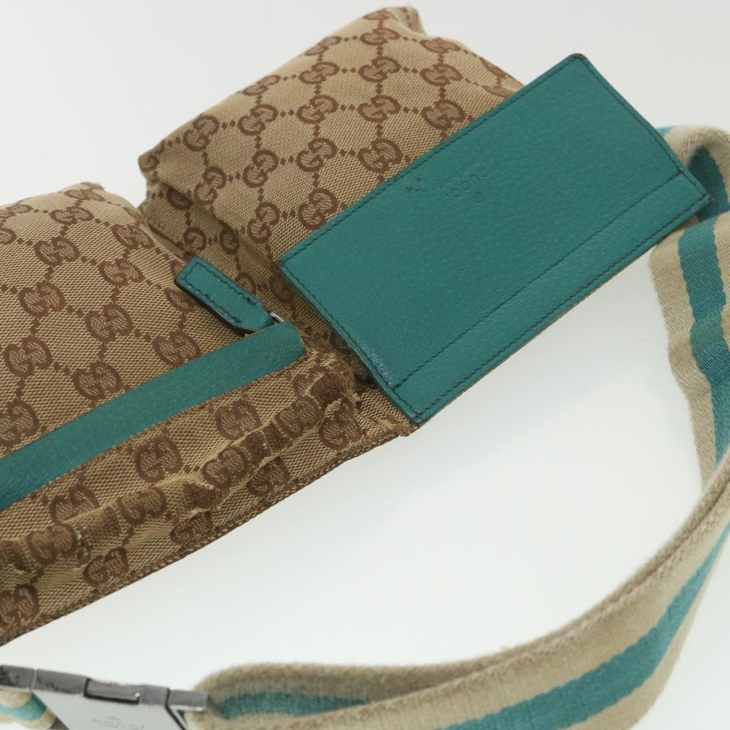 GUCCI Sherry Line GG Canvas Waist Bag Beige Turquoise Blue 28566 rd4355
