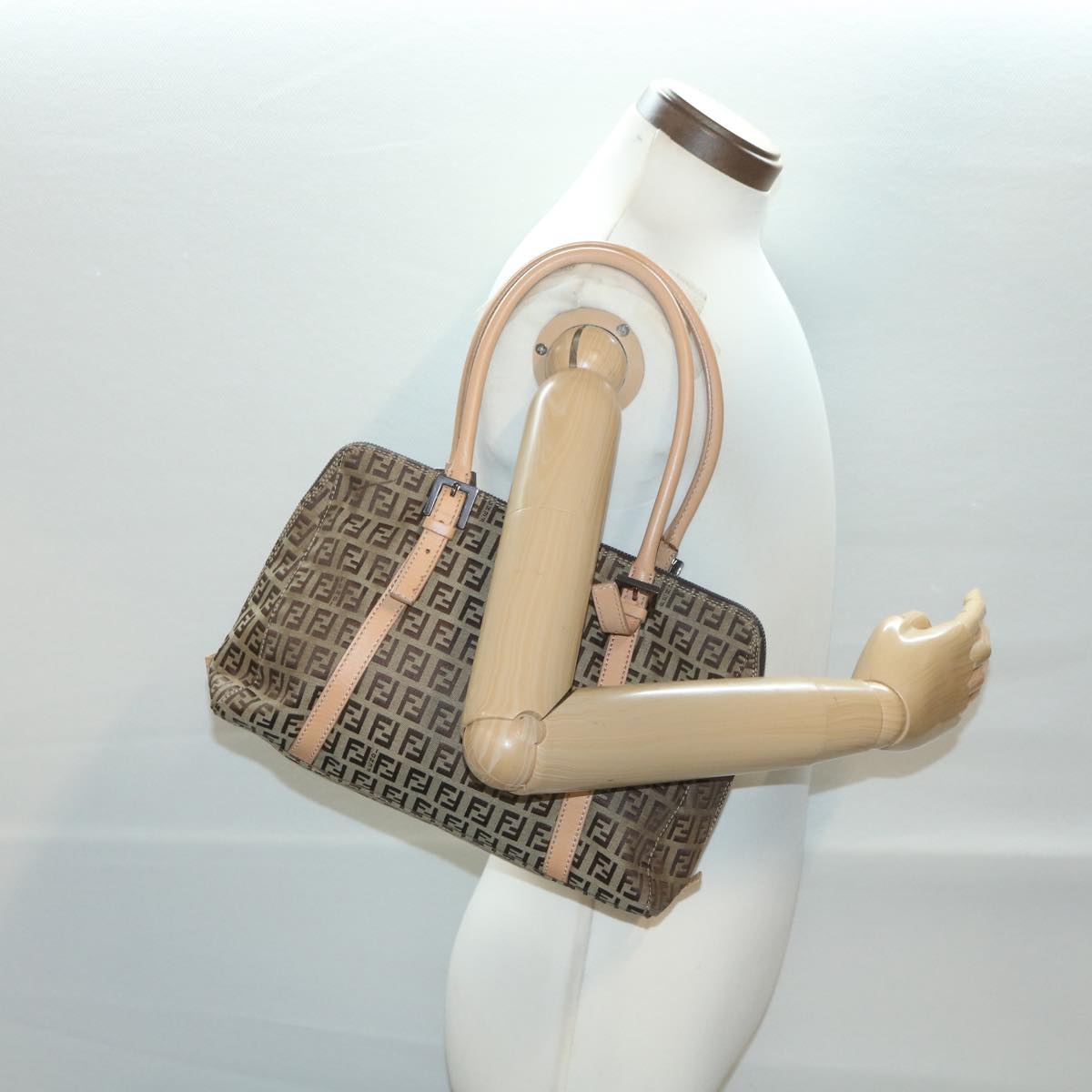 FENDI Zucchino Canvas Shoulder Bag Brown Beige rd4382