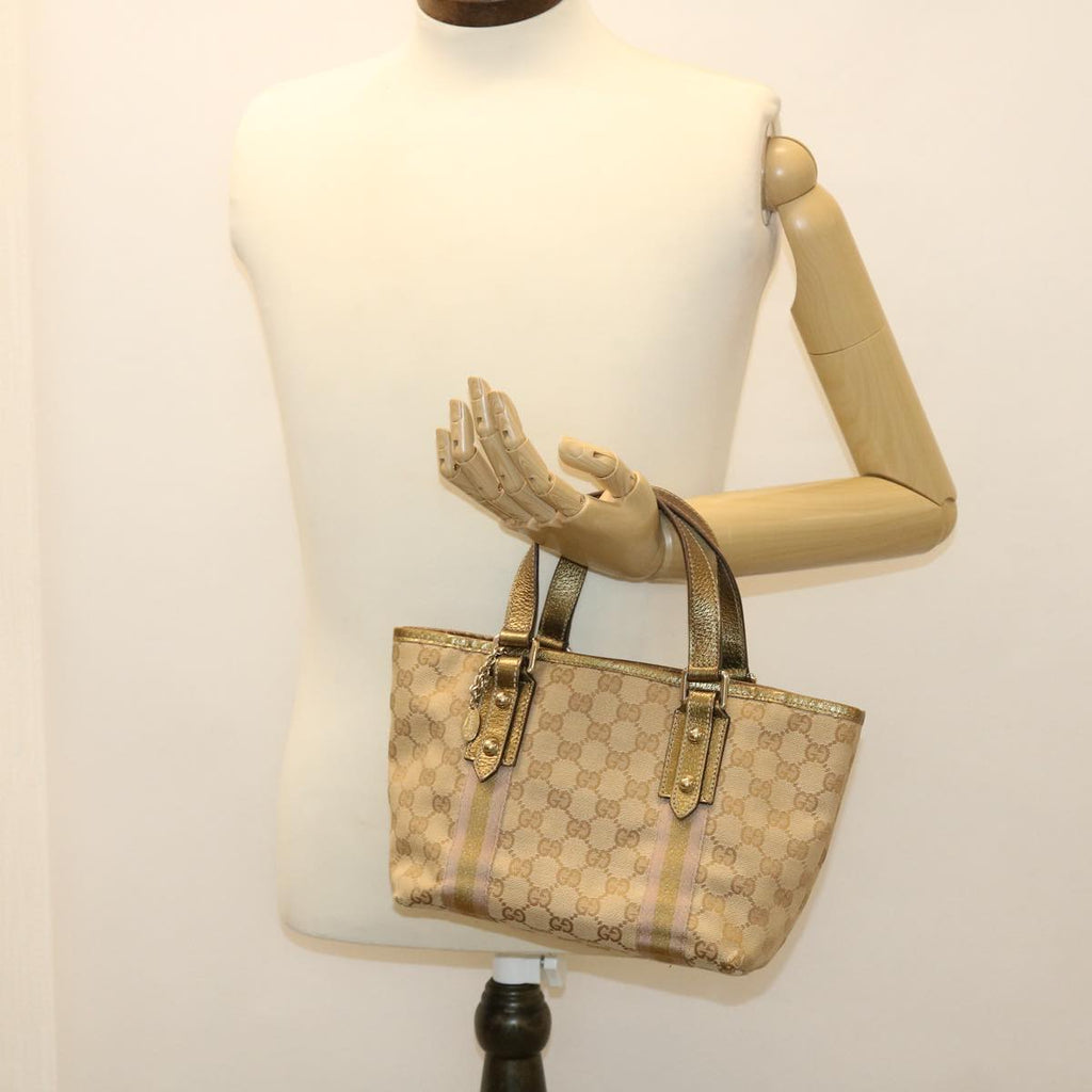 GUCCI Sherry Line GG Canvas Hand Bag Beige Gold pink 213041 rd4461