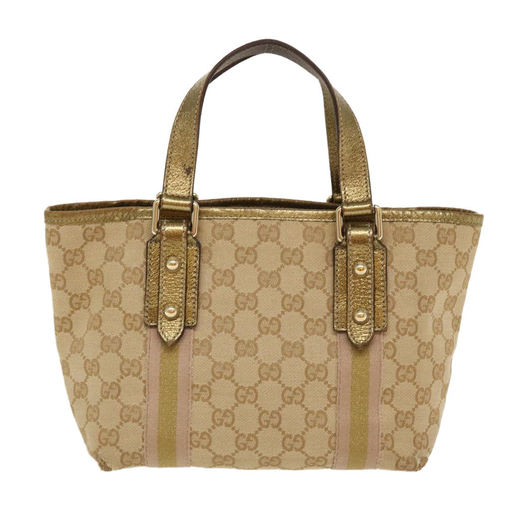 GUCCI Sherry Line GG Canvas Hand Bag Beige Gold pink 213041 rd4461