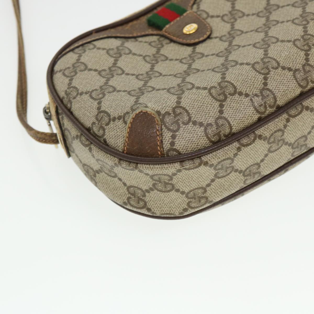 GUCCI Web Sherry Line GG Canvas Shoulder Bag PVC Leather Beige Green rd4502