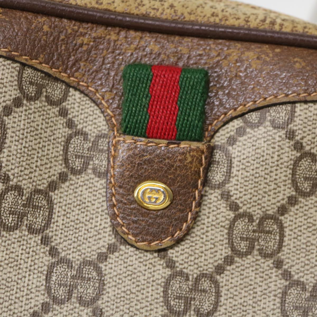GUCCI Web Sherry Line GG Canvas Shoulder Bag PVC Leather Beige Green rd4502