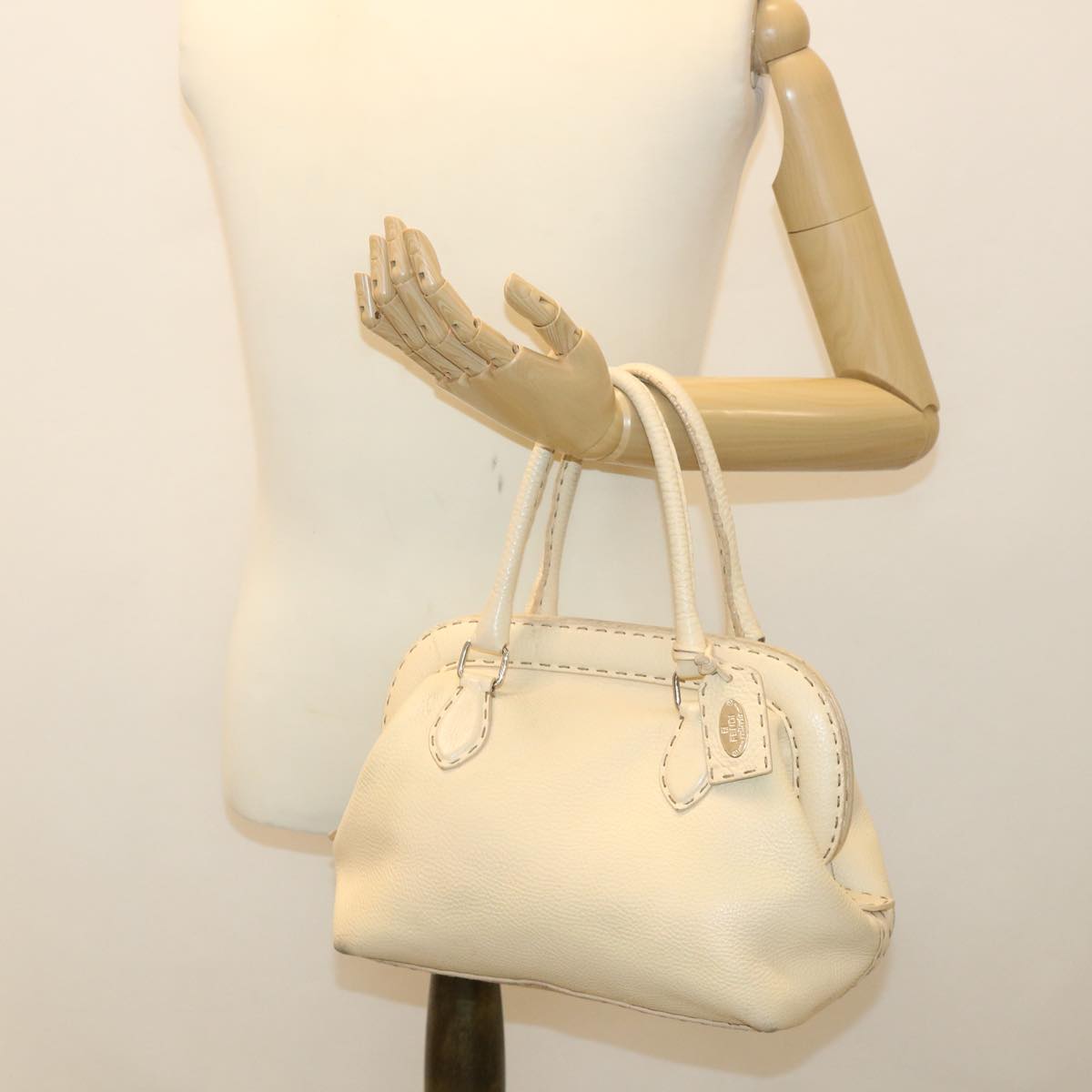 FENDI Celeria Hand Bag Leather Beige rd4791