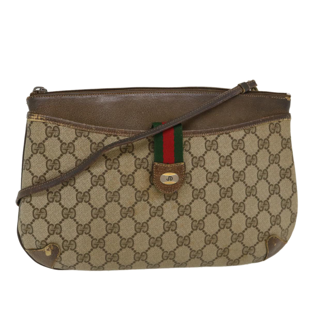 GUCCI GG Canvas Web Sherry Line Shoulder Bag PVC Leather Beige Green rd4793