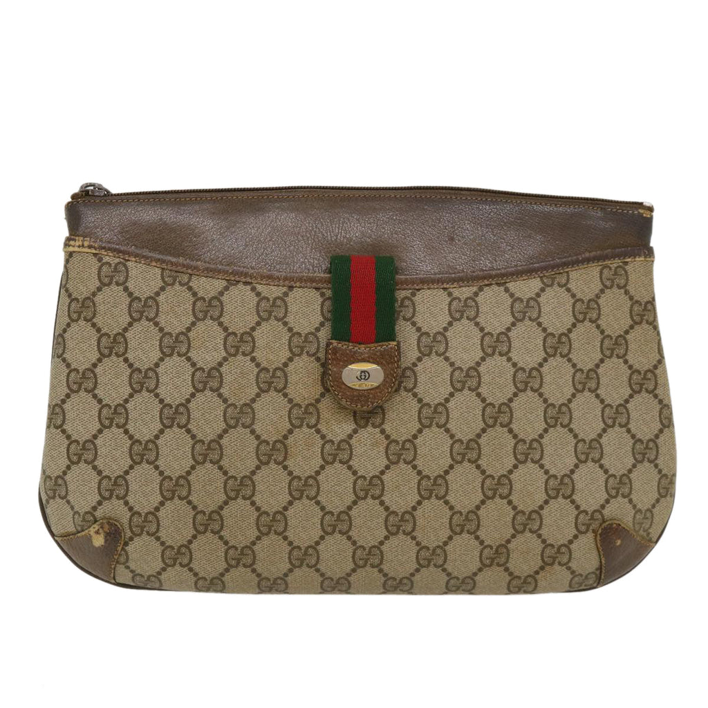 GUCCI GG Canvas Web Sherry Line Shoulder Bag PVC Leather Beige Green rd4793