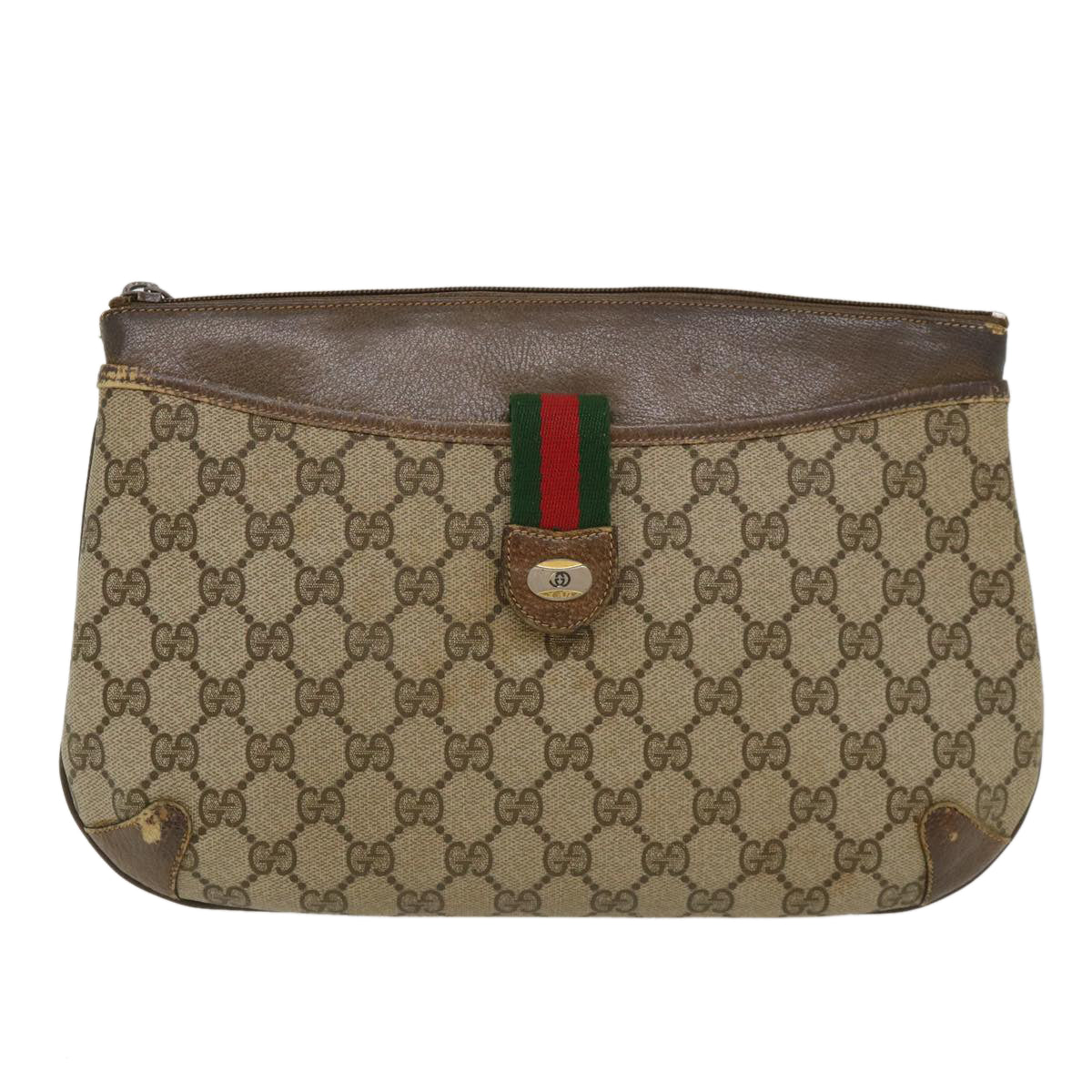 GUCCI GG Canvas Web Sherry Line Shoulder Bag PVC Leather Beige Green rd4793