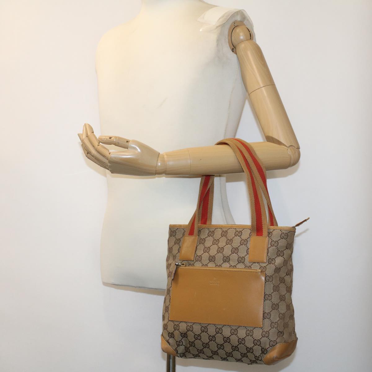 GUCCI GG Canvas Sherry Line Tote Bag Beige Red 019 0402 1705 rd5046
