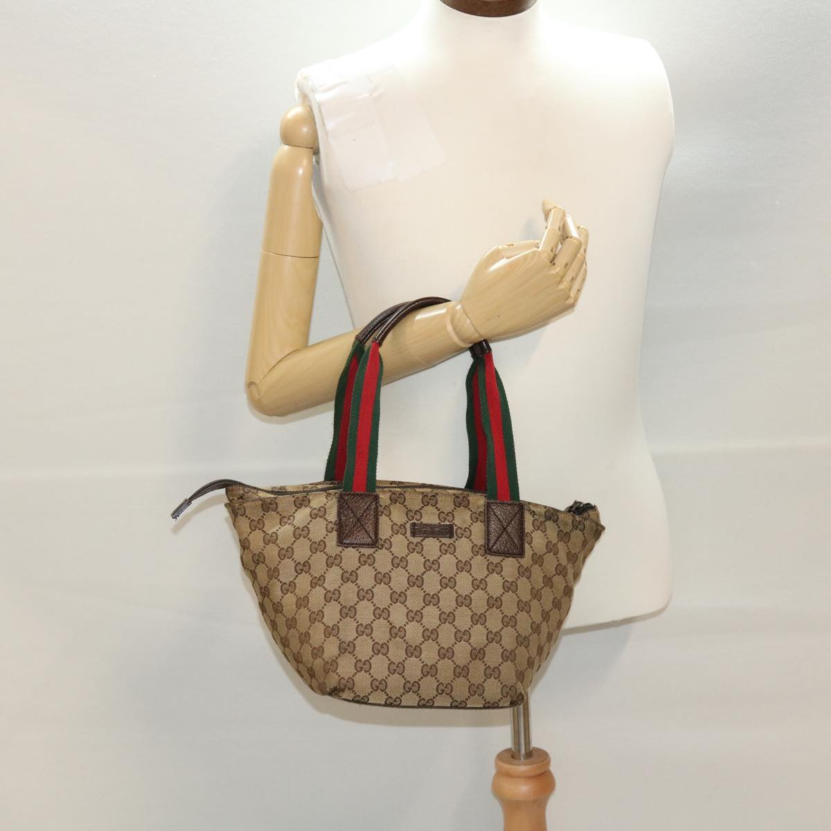 GUCCI GG Canvas Web Sherry Line Tote Bag Beige Red Green 131228 rd5205
