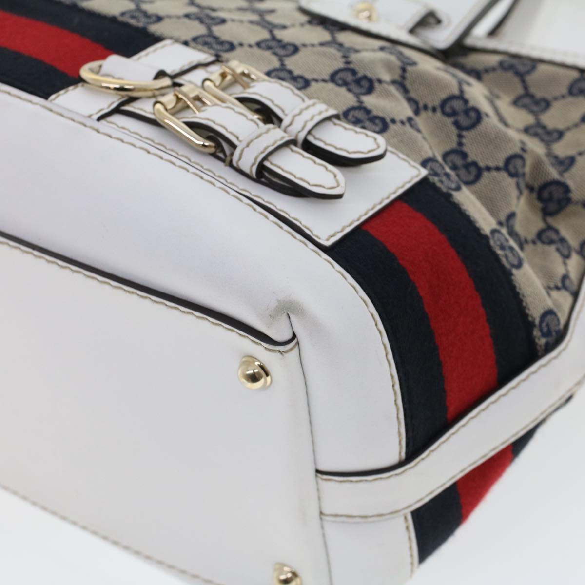 GUCCI GG Canvas Sherry Line Shoulder Bag Gray Red Navy 257085 rd5254