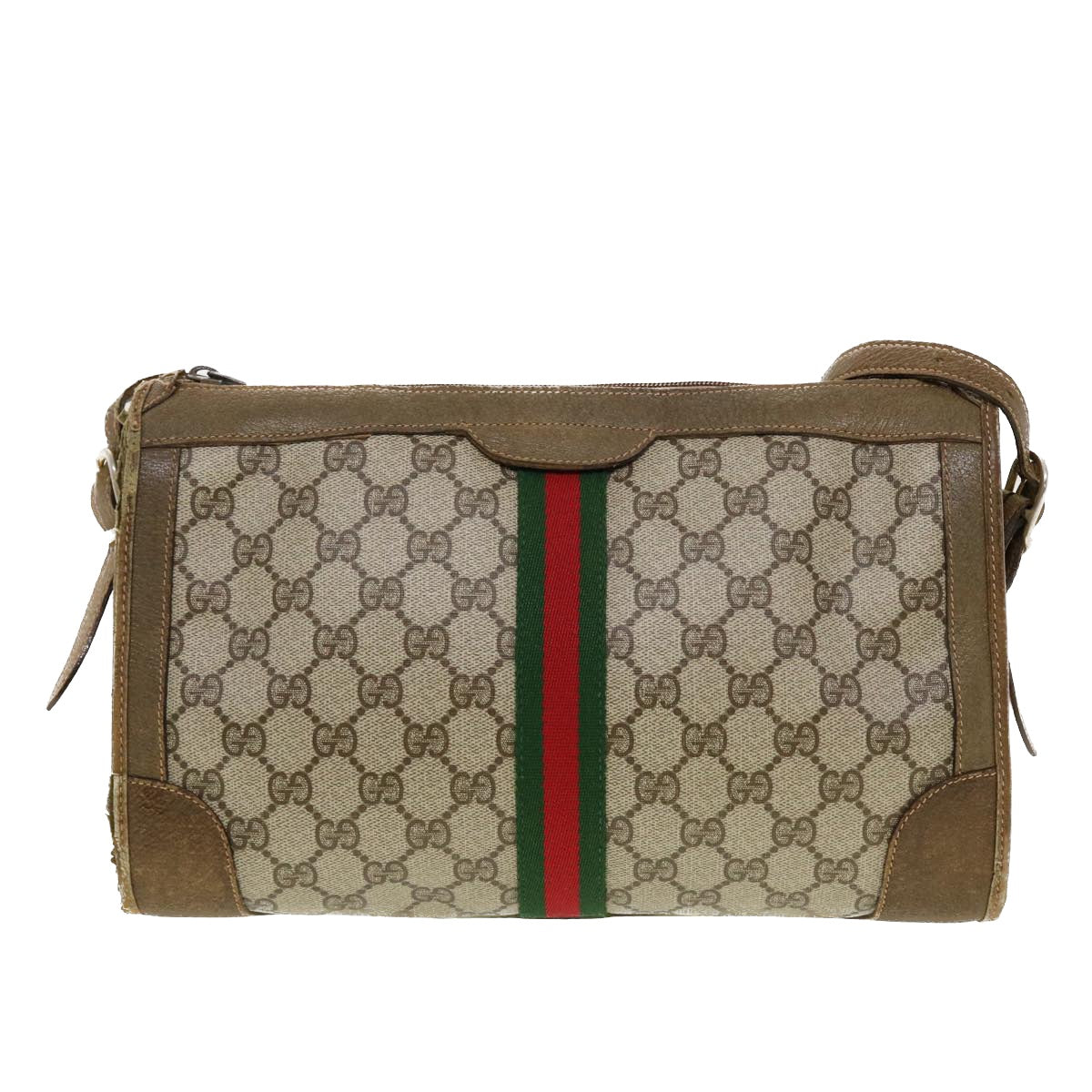 GUCCI GG Canvas Web Sherry Line Shoulder Bag PVC Leather Beige Green rd5263