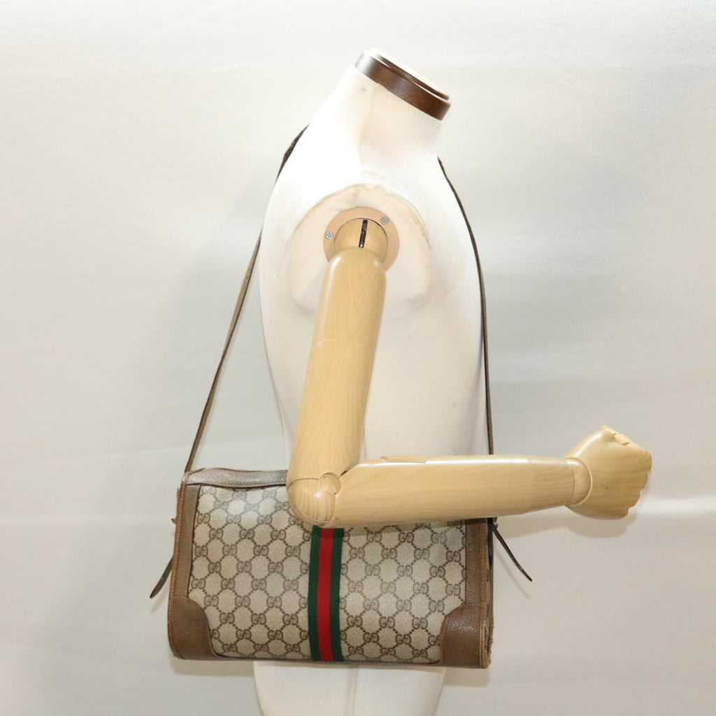 GUCCI GG Canvas Web Sherry Line Shoulder Bag PVC Leather Beige Green rd5263
