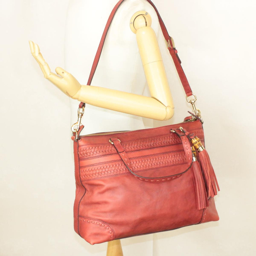 GUCCI Green Carpet Challenge Fringe Bamboo Tote Bag Leather 2way Red rd707