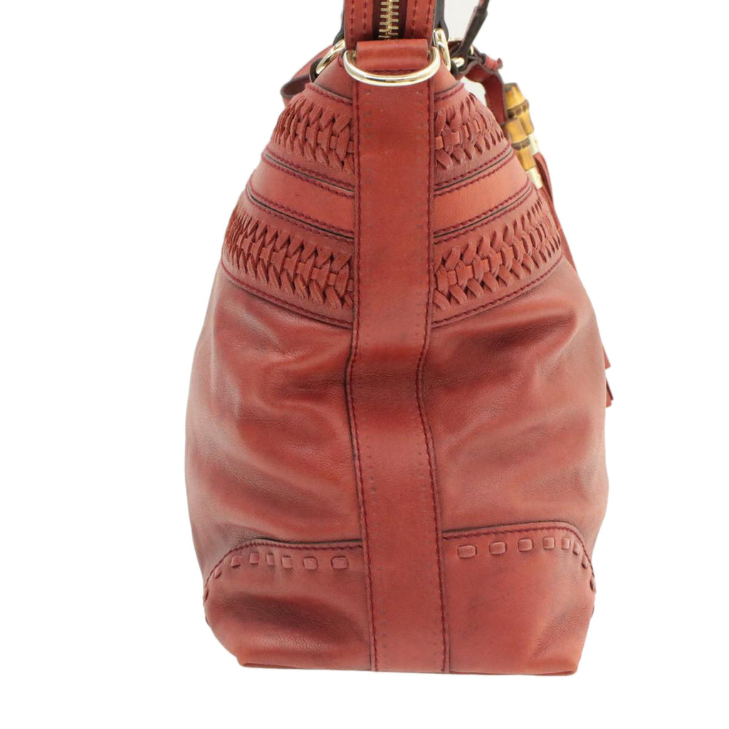 GUCCI Green Carpet Challenge Fringe Bamboo Tote Bag Leather 2way Red rd707
