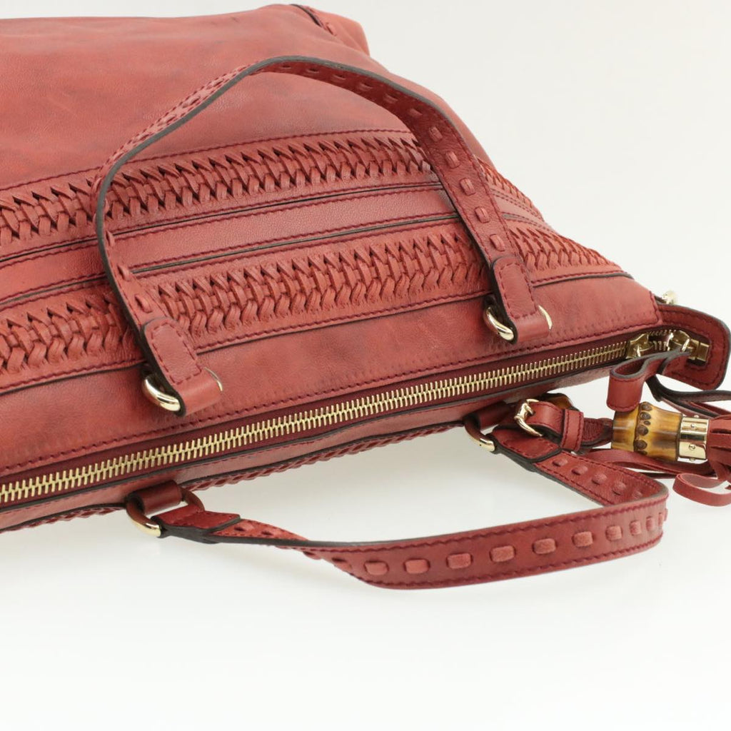 GUCCI Green Carpet Challenge Fringe Bamboo Tote Bag Leather 2way Red rd707