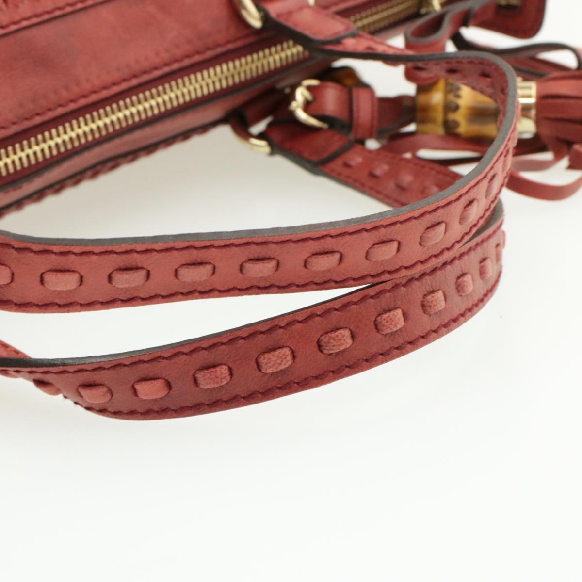 GUCCI Green Carpet Challenge Fringe Bamboo Tote Bag Leather 2way Red rd707