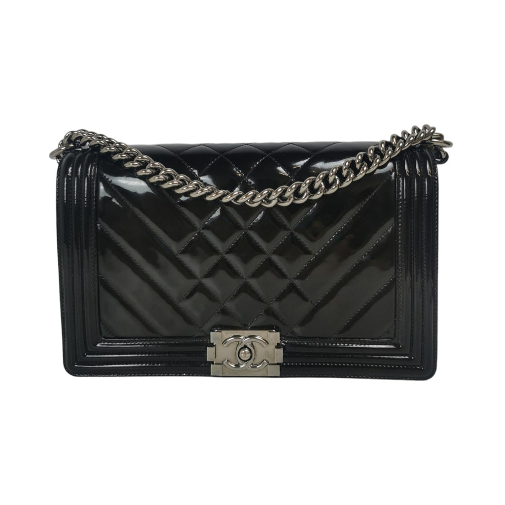 Chanel Boy Large Black Patent Leather Silver