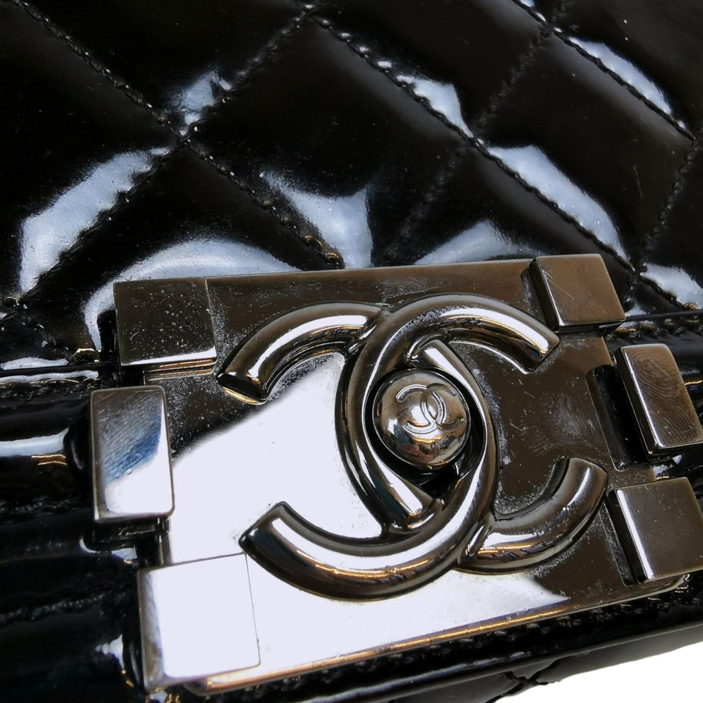 Chanel Boy Large Black Patent Leather Silver
