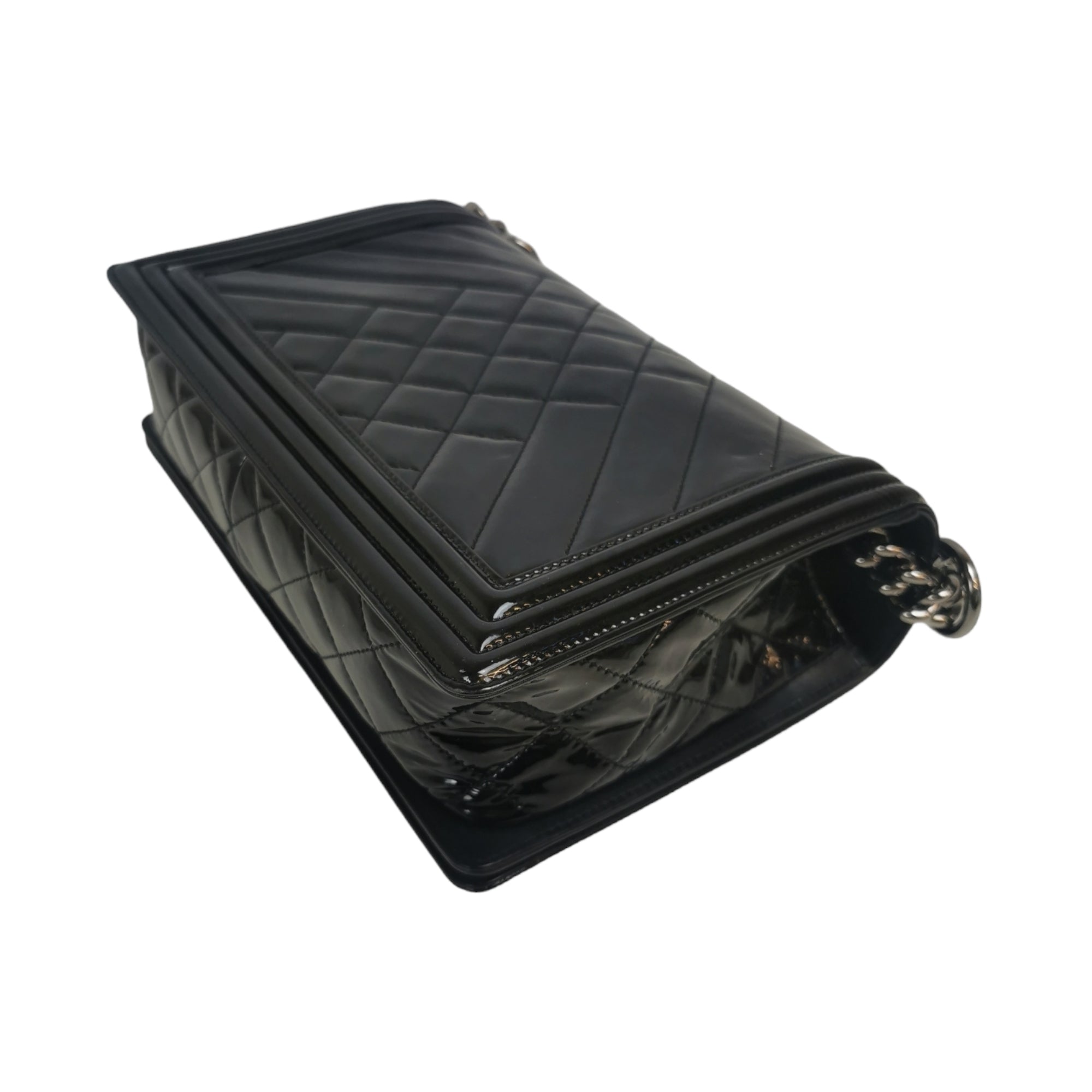 Chanel Boy Large Black Patent Leather Silver