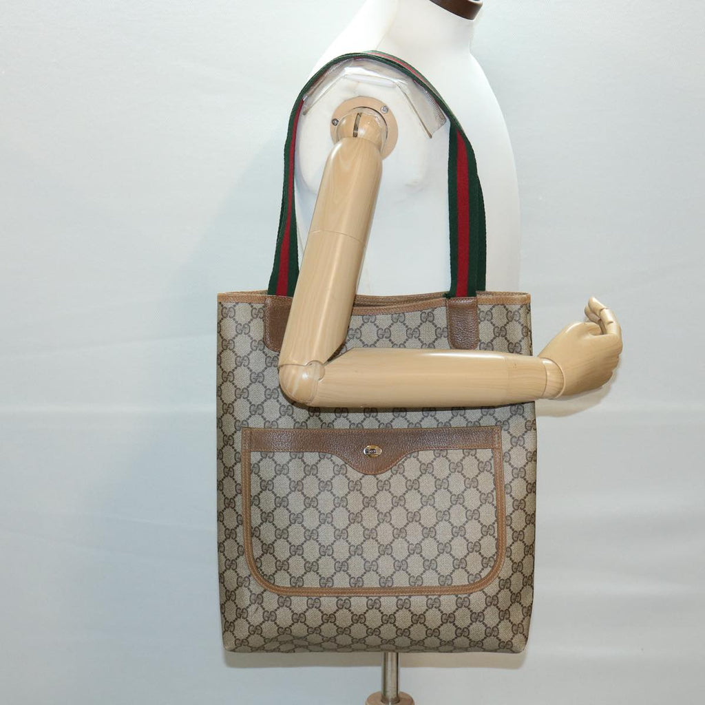 GUCCI Web Sherry Line GG Canvas Tote Bag PVC Leather Beige Green Red ro546