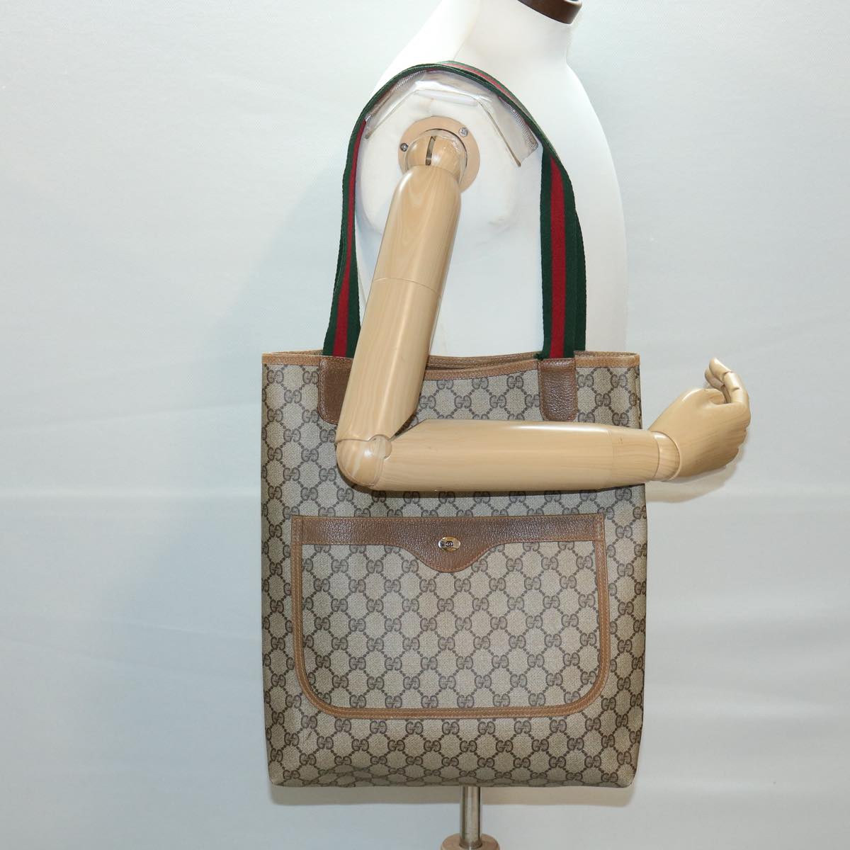 GUCCI Web Sherry Line GG Canvas Tote Bag PVC Leather Beige Green Red ro546