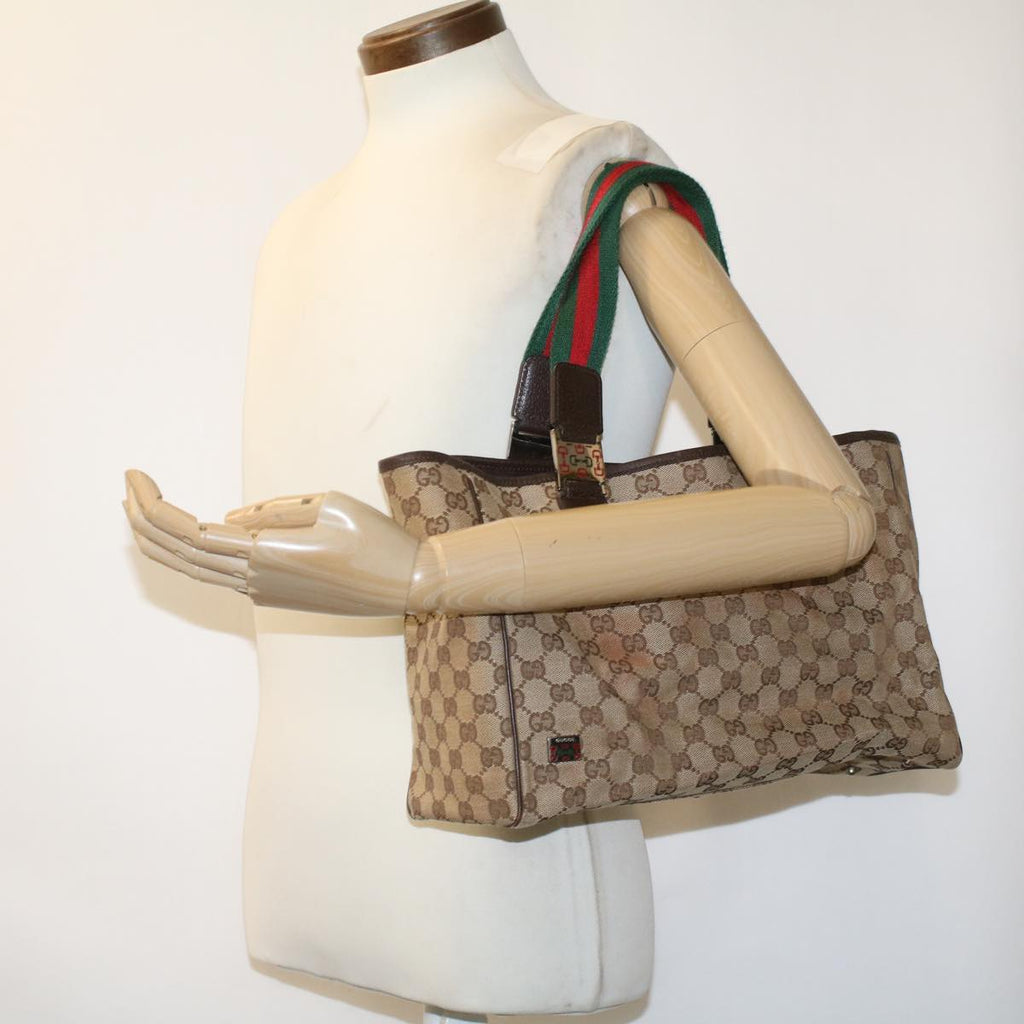GUCCI GG Canvas Web Sherry Line Tote Bag Beige Red Green ro581