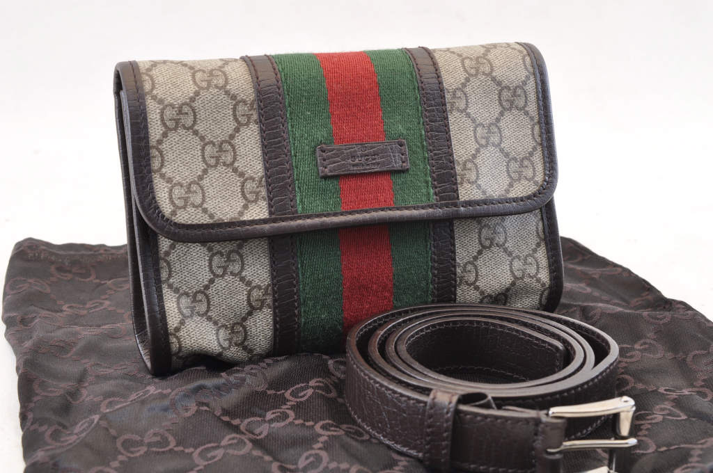 GUCCI GG Canvas Sherry Line Web Waist Bag Bum Bag Brown am1103s