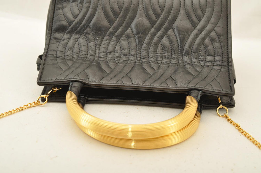 FENDI Chain Hand Bag Leather 2way Black am2376s