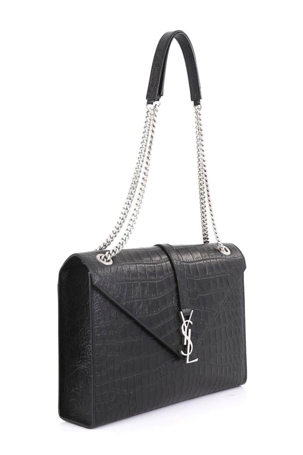 Large Monogram Envelope Bag Crocodile Embossed Black with Silver Hardware