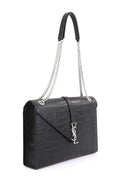 Large Monogram Envelope Bag Crocodile Embossed Black with Silver Hardware