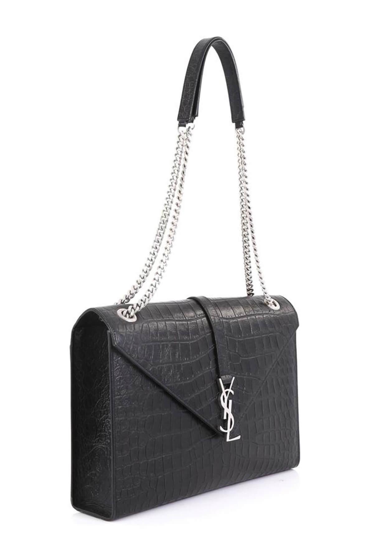 Large Monogram Envelope Bag Crocodile Embossed Black with Silver Hardware