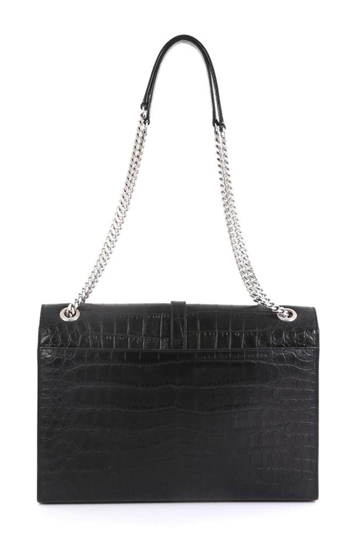 Large Monogram Envelope Bag Crocodile Embossed Black with Silver Hardware
