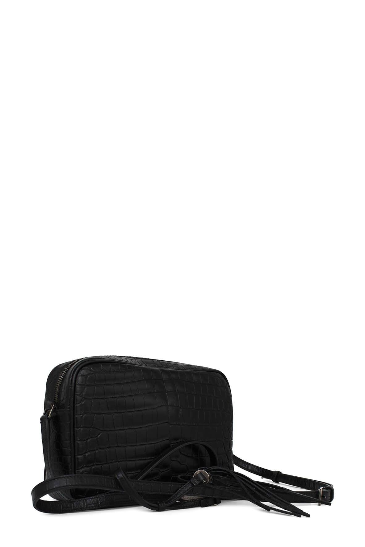 Crocodile Embossed Lou Camera Bag Black with Tassel