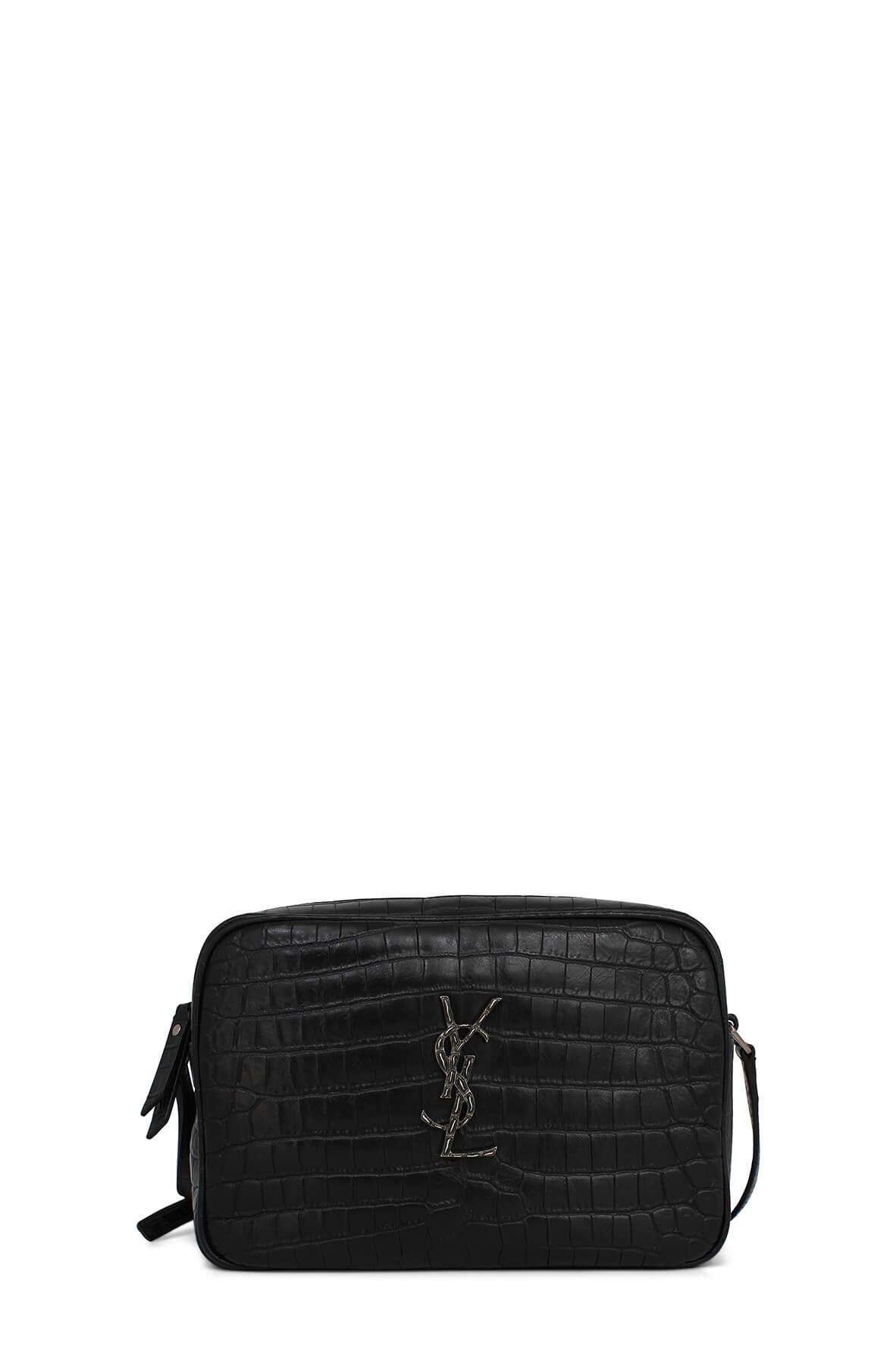 Crocodile Embossed Lou Camera Bag Black with Tassel