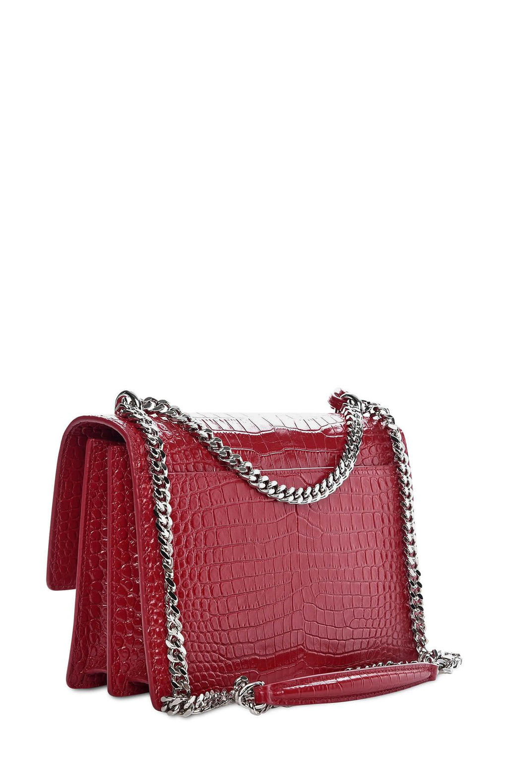 Medium Sunset Bag Crocodile Embossed Red with Silver Hardware