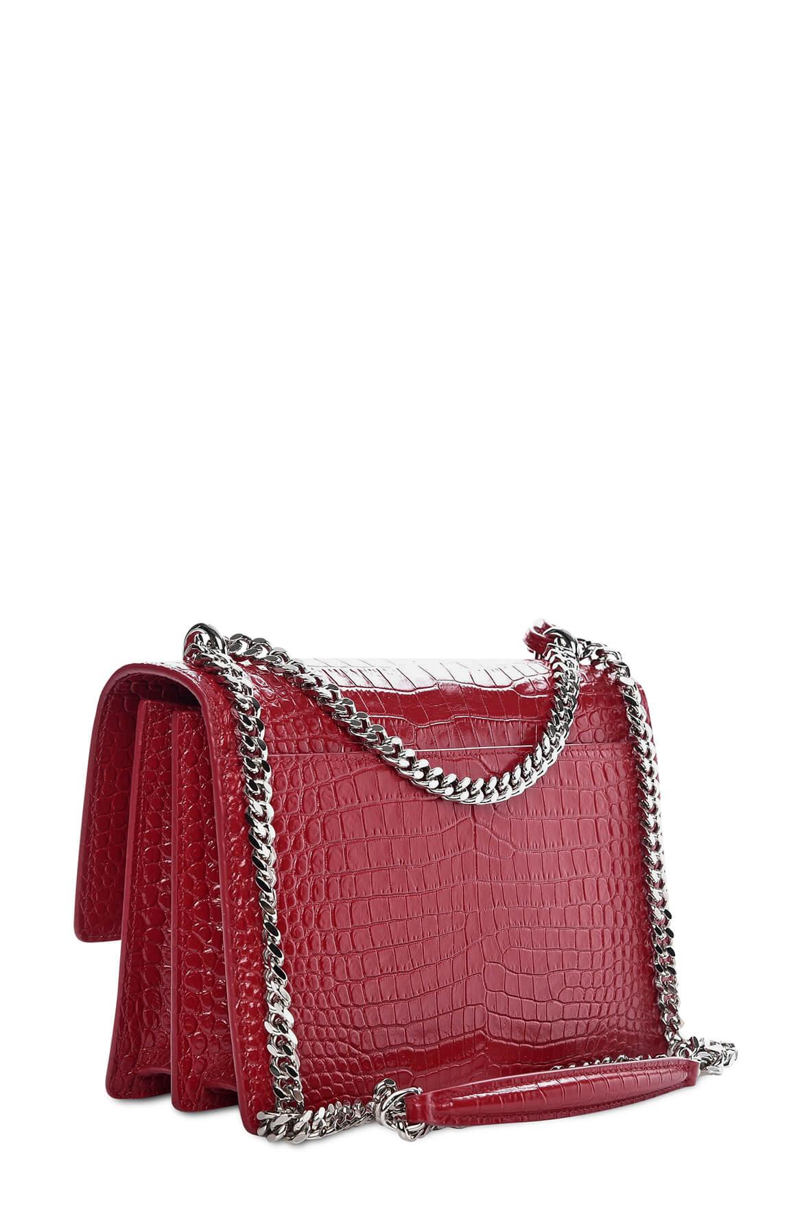 Medium Sunset Bag Crocodile Embossed Red with Silver Hardware