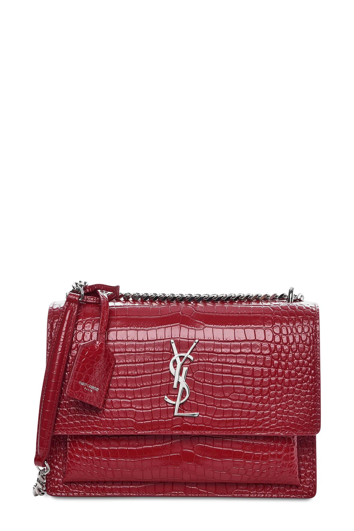 Medium Sunset Bag Crocodile Embossed Red with Silver Hardware