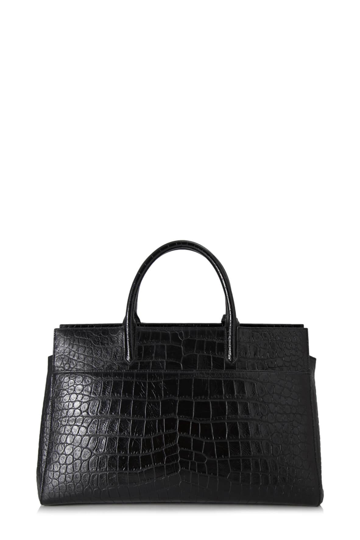 Medium Cabas Rive Gauche Bag Crocodile Embossed Black