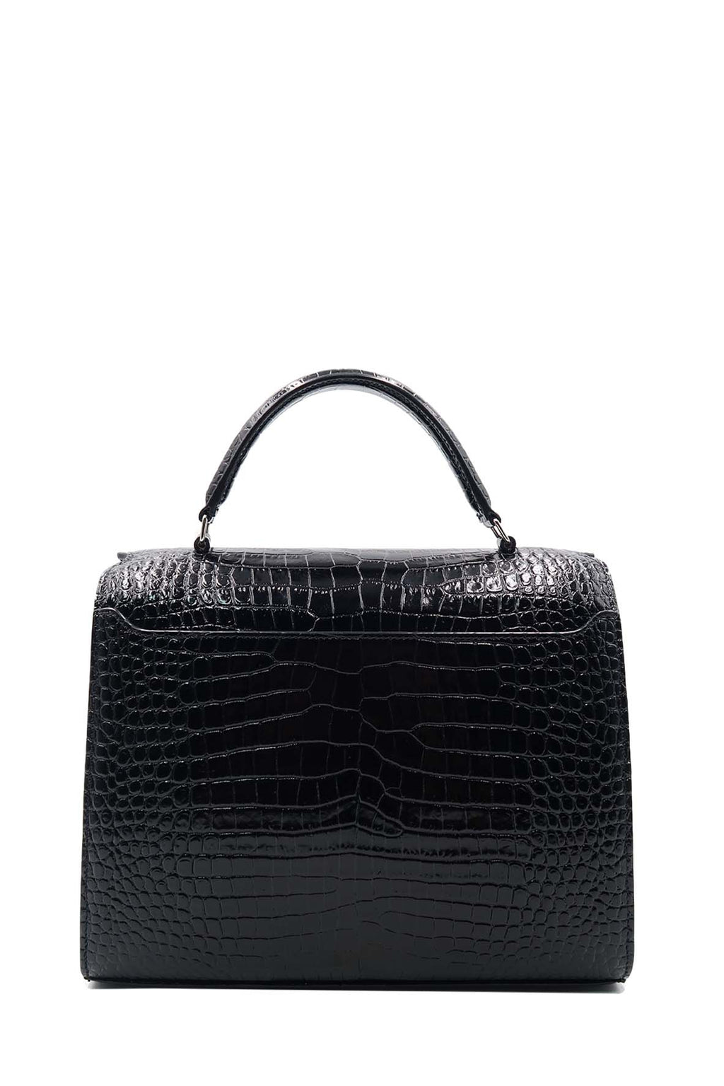 Medium Cassandra Top Handle Bag Crocodile Embossed Black