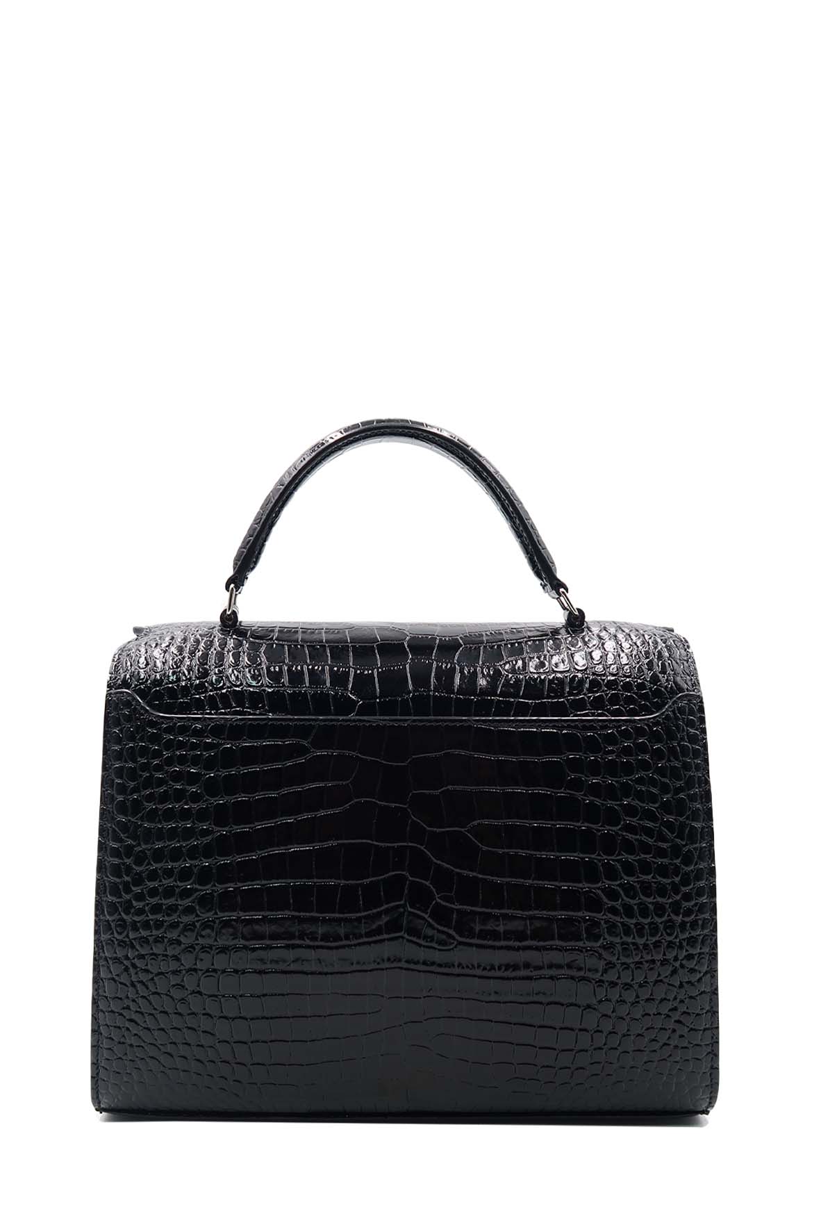 Medium Cassandra Top Handle Bag Crocodile Embossed Black