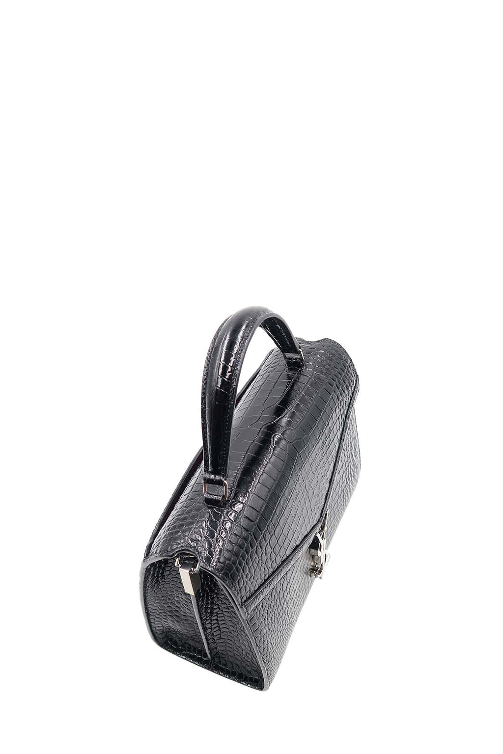 Medium Cassandra Top Handle Bag Crocodile Embossed Black