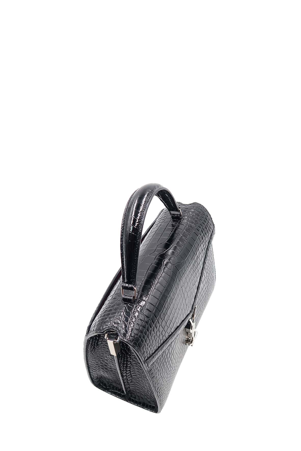Medium Cassandra Top Handle Bag Crocodile Embossed Black