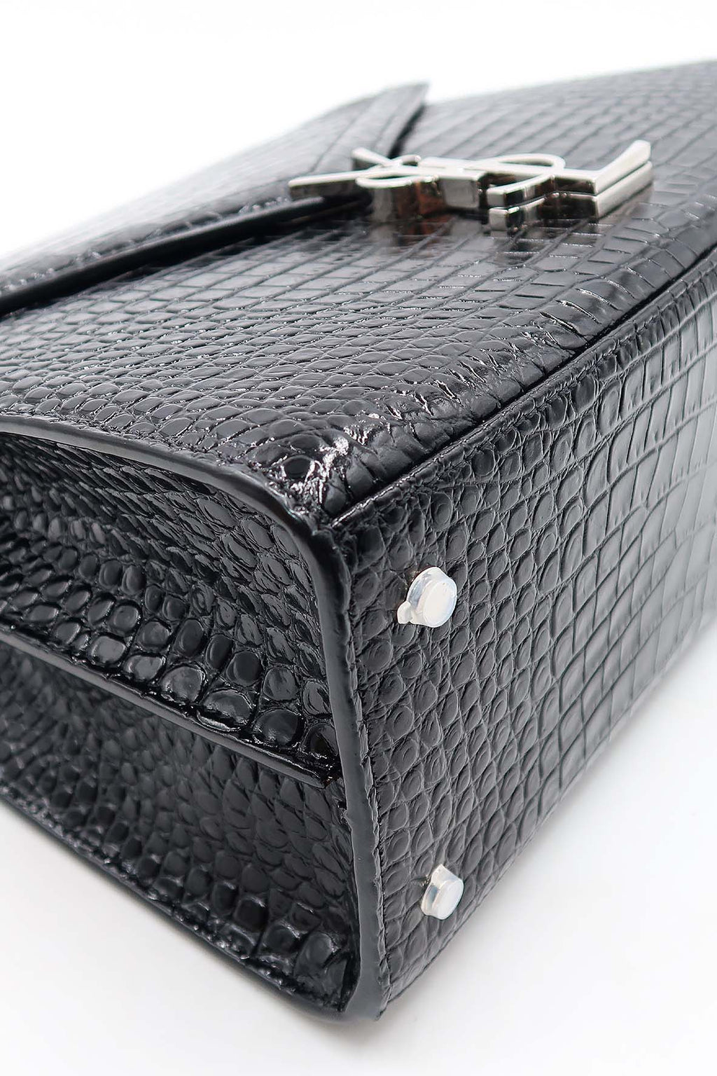 Medium Cassandra Top Handle Bag Crocodile Embossed Black