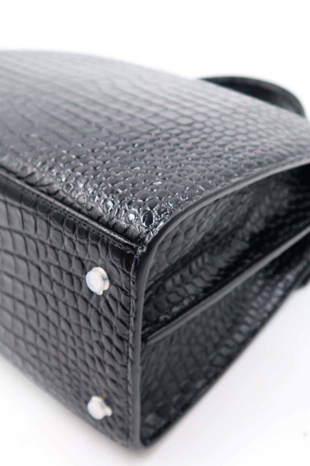 Medium Cassandra Top Handle Bag Crocodile Embossed Black