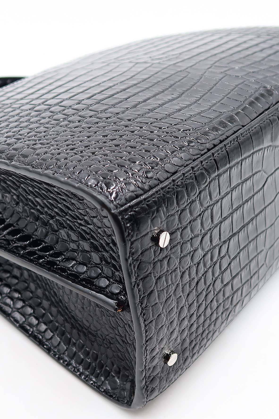 Medium Cassandra Top Handle Bag Crocodile Embossed Black